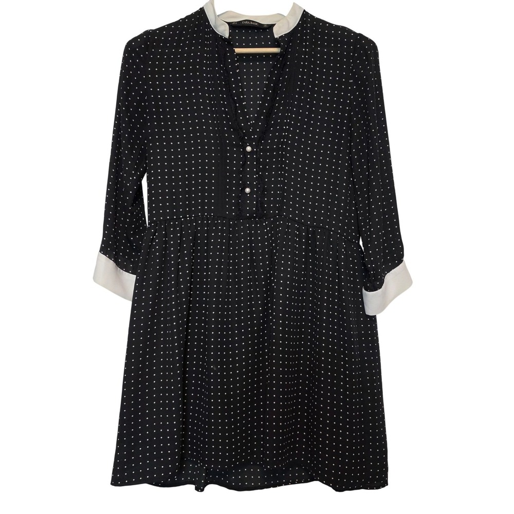 Zara Polka Dot Mini Dress Black White Pearl Button Long Sleeve Size Small